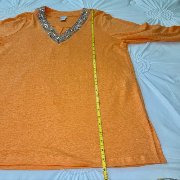 Chico's 100% Linen Orange Sequin V-Neck Long Line Tunic Size Large - Picture 12 of 16